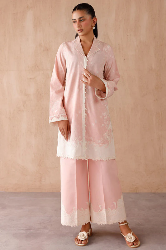 Model wearing pink embroidered coords EP-01 Dena from Qalamkar, Pakistani luxury pret online in UK.