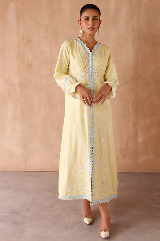 Model wearing yellow embroidered coords EP-10 Elin from Qalamkar, Pakistani luxury pret available online in UK.