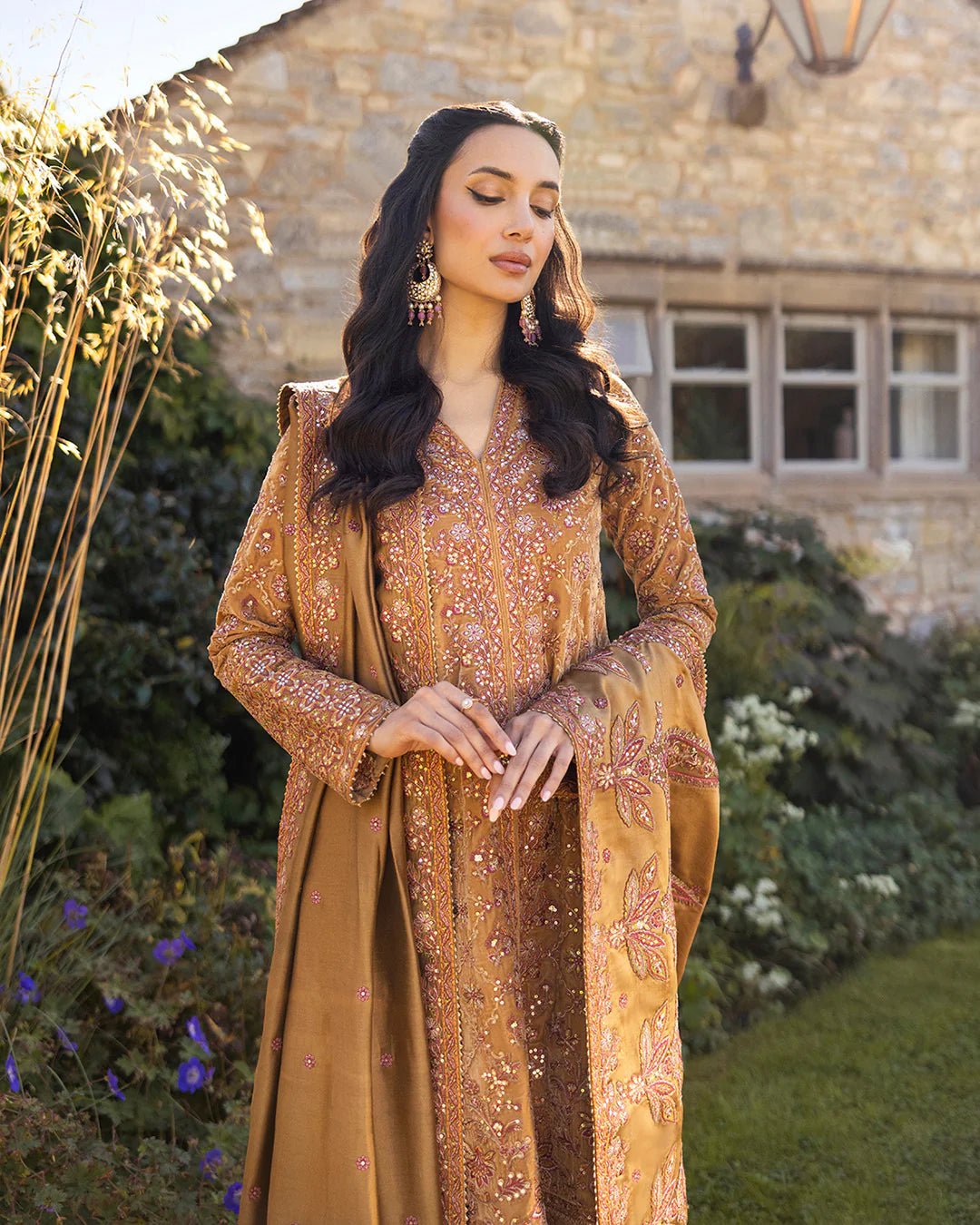 Model wearing Divone from Faiza Saqlain's Adeen Velvet '24 collection in royal blue. Luxury pret, festive, Pakistani clothes online in UK.