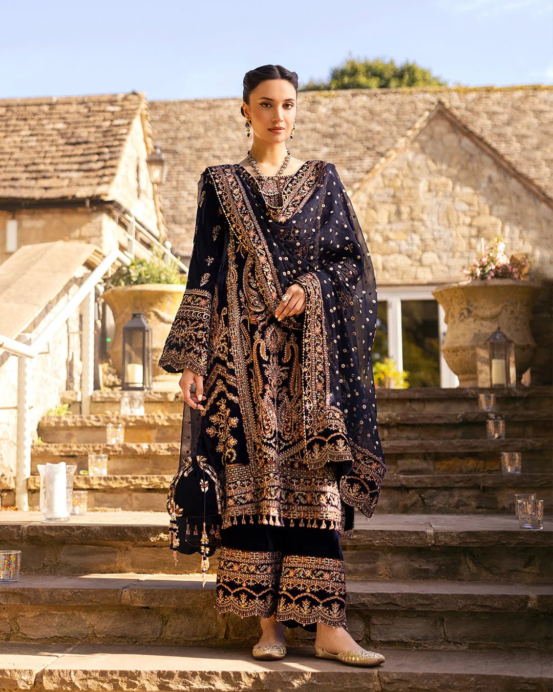 Model wearing Divone from Faiza Saqlain's Adeen Velvet '24 collection in royal blue. Luxury pret, festive, Pakistani clothes online in UK.