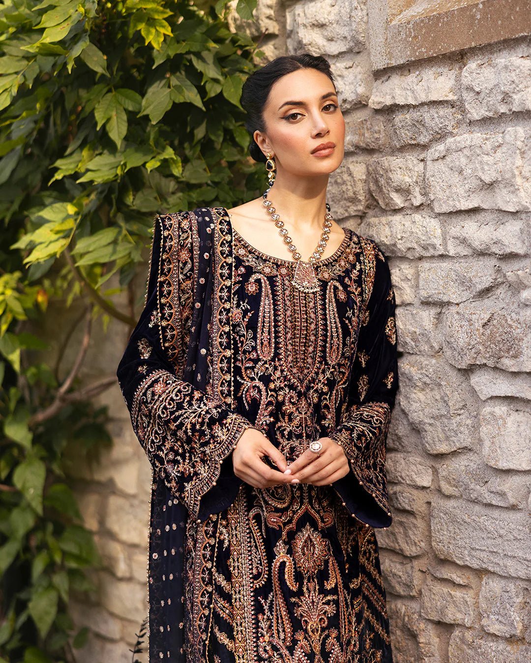 Model wearing Divone from Faiza Saqlain's Adeen Velvet '24 collection in royal blue. Luxury pret, festive, Pakistani clothes online in UK.