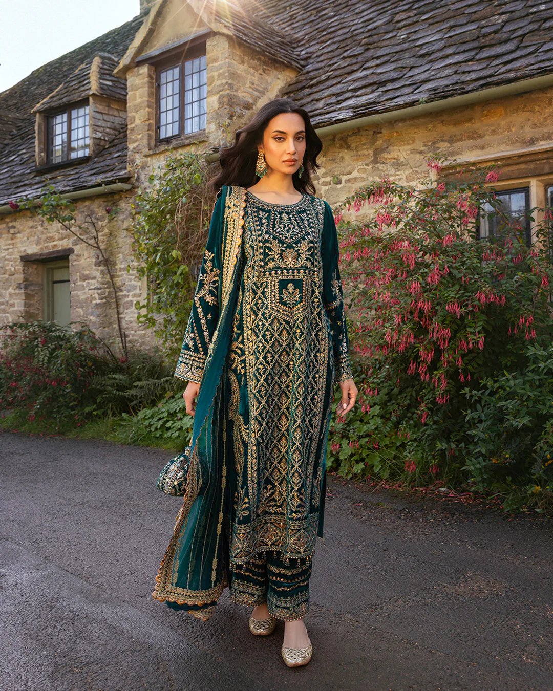 Model wearing Merna from Faiza Saqlain's Adeen Velvet '24 collection in teal green. Luxury pret, festive, Pakistani clothes online in UK.