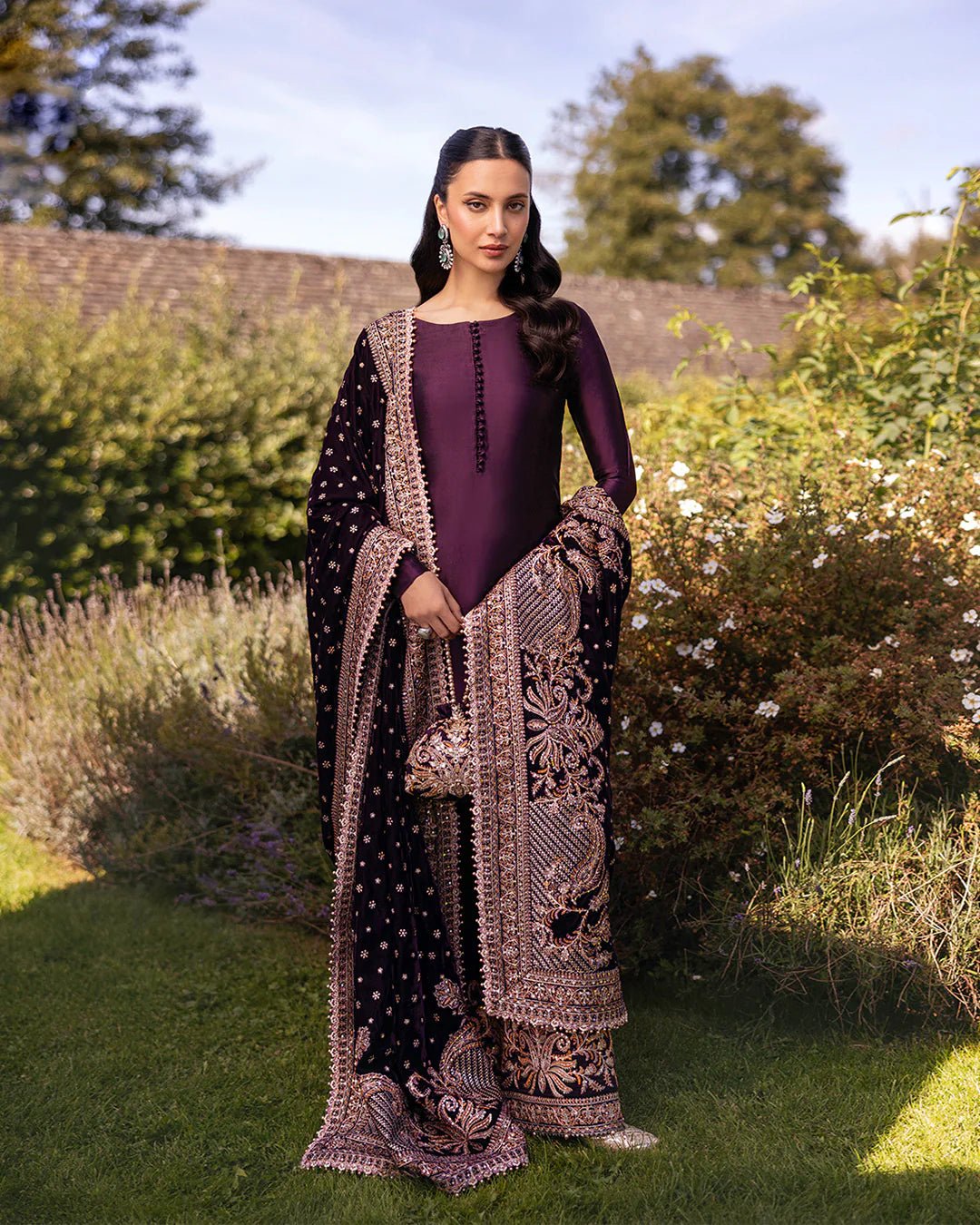 Model wearing Vespera from Faiza Saqlain's Adeen Velvet '24 collection in rich navy blue. Luxury pret, festive, Pakistani clothes online in UK.