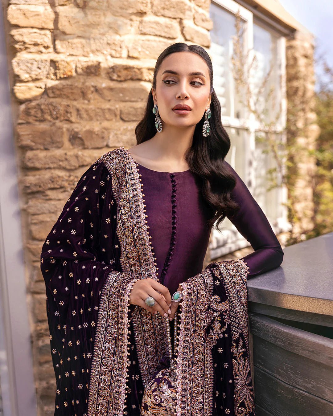 Model wearing Vespera from Faiza Saqlain's Adeen Velvet '24 collection in rich navy blue. Luxury pret, festive, Pakistani clothes online in UK.