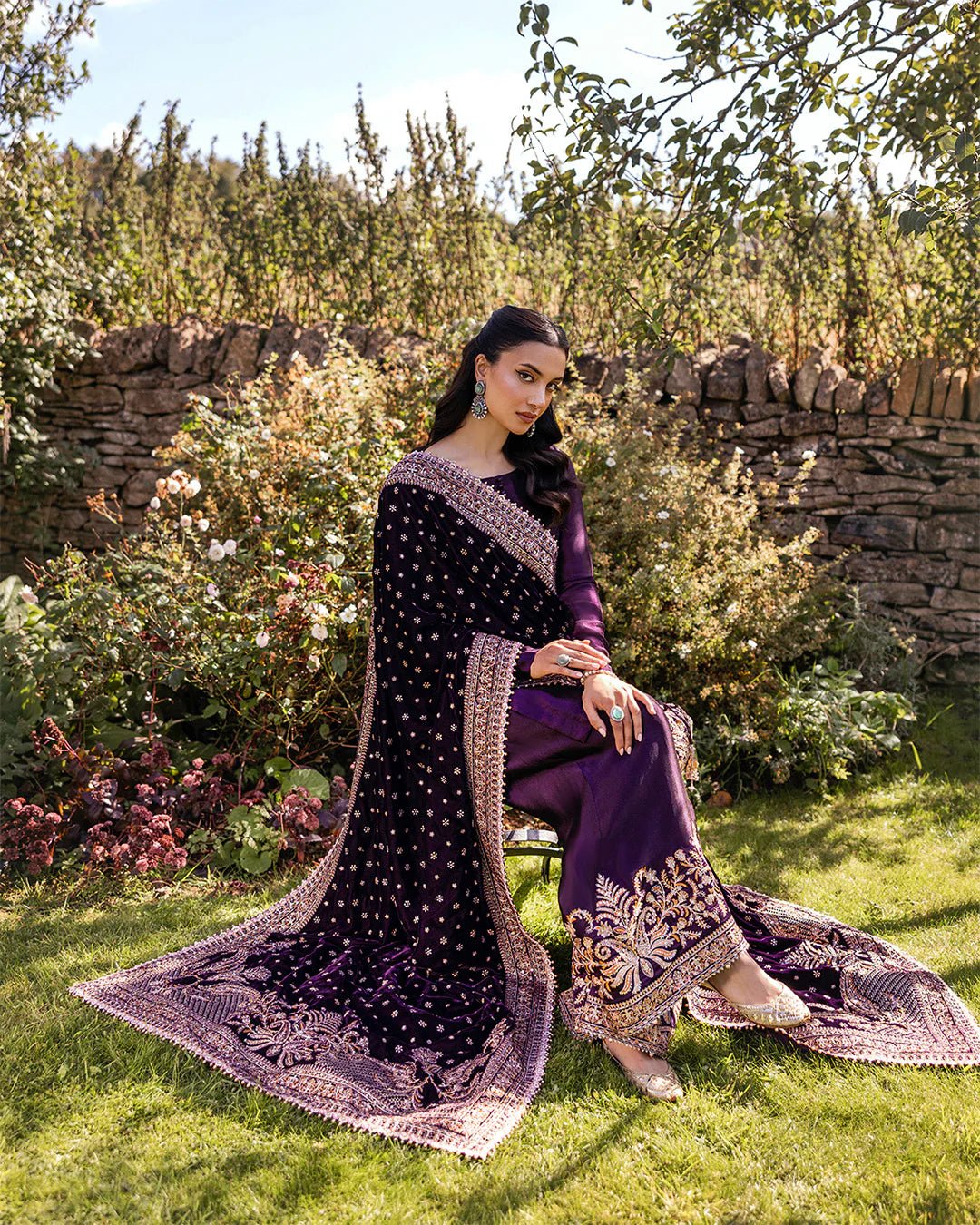 Model wearing Vespera from Faiza Saqlain's Adeen Velvet '24 collection in rich navy blue. Luxury pret, festive, Pakistani clothes online in UK.