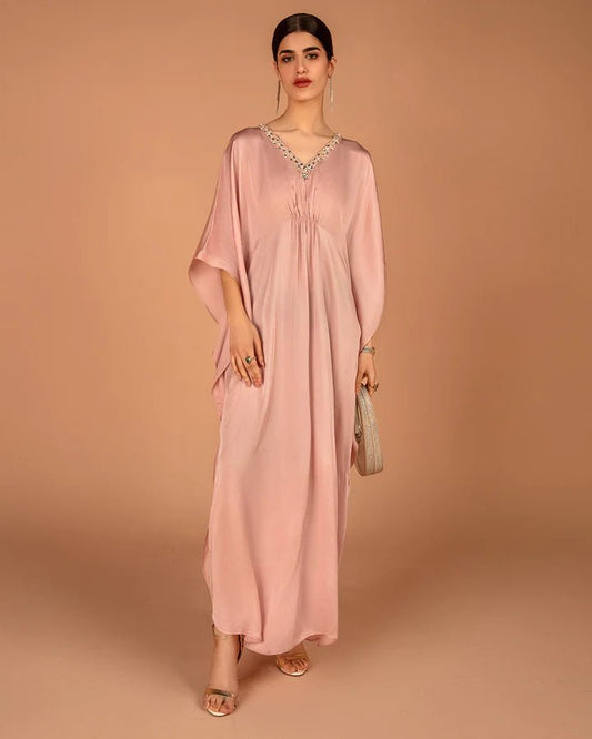 Faiza Saqlain UK Derifa dress, chic blush tone, elegant Pakistani clothes UK.