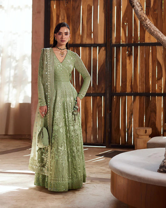 Model in Faiza Saqlain UK Eiraam dress, Spring Festive Edit 2024, luxurious Pakistani attire.