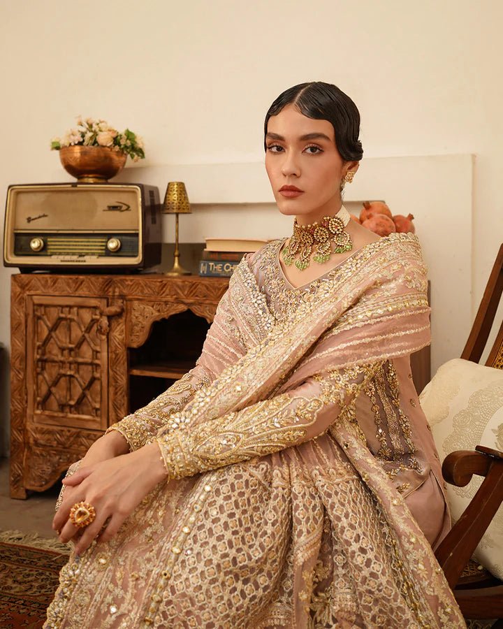 Model wearing Faiza Saqlain Formals Irina Oct '23 Astur dress in Tea pink, Pakistani clothes online in UK.