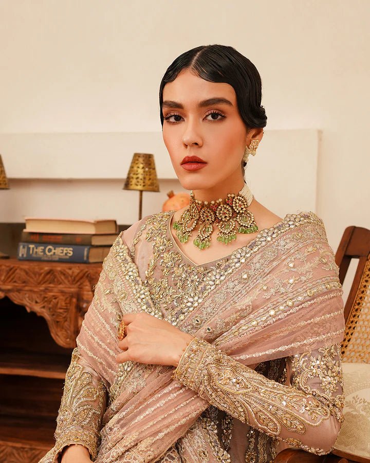 Model wearing Faiza Saqlain Formals Irina Oct '23 Astur dress in Tea pink, Pakistani clothes online in UK.