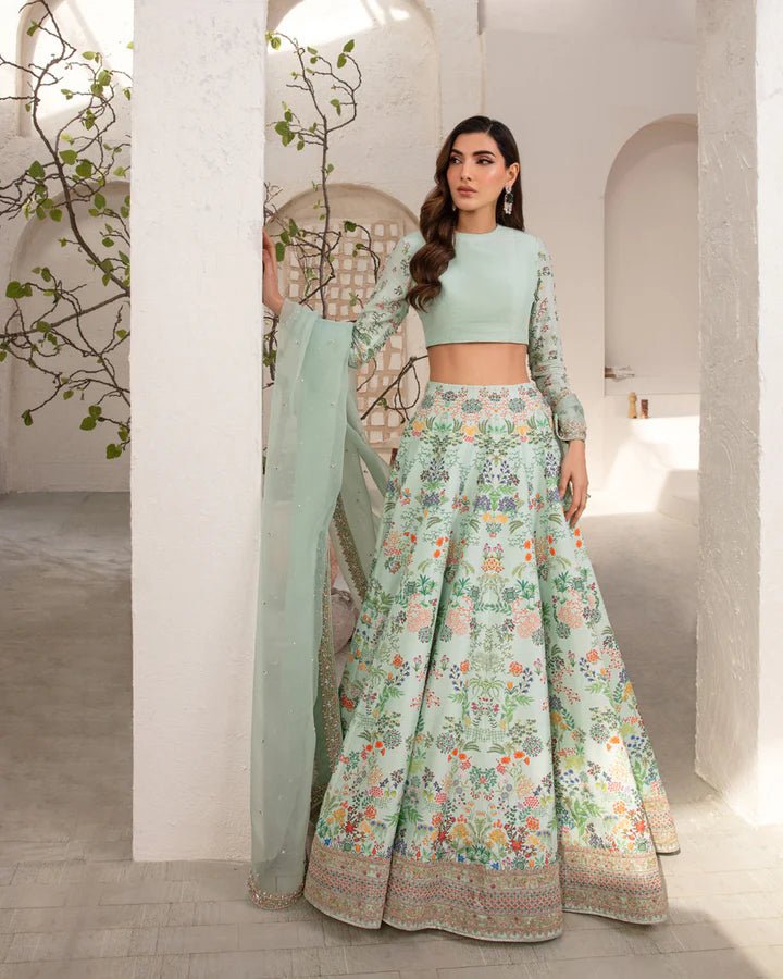 model wearing Faiza Saqlain Myria, mint Pakistani wedding dress with floral print in UK