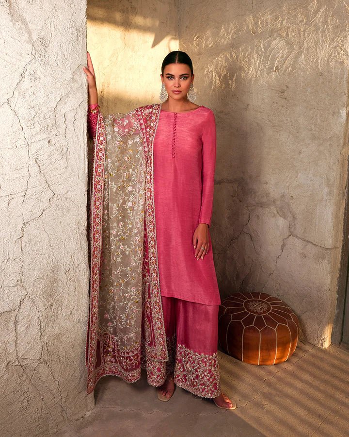 Model wearing a vibrant pink Hafa dress from Faiza Saqlain's Luxe Formals Laira collection, highlighting elegant Pakistani attire available online in the UK.