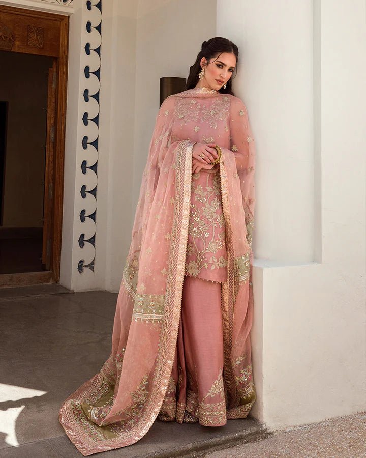 Model in blush pink Faiza Saqlain UK Marissa dress, elegant Pakistani clothes UK from Noor e Chashm Feb '23.