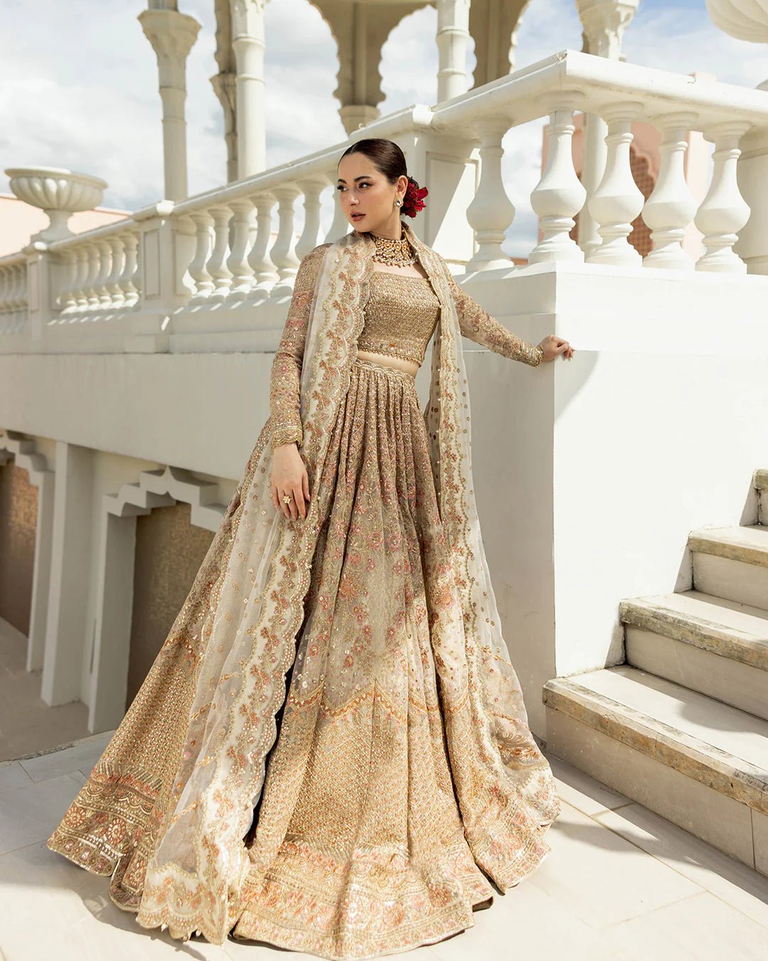 Model wearing Jemina from Faiza Saqlain's Neorah Wedding Festive '24 in stunning shades. Pakistani wedding clothes online in UK at Signature Labels