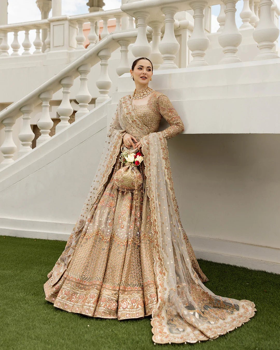 Model wearing Jemina from Faiza Saqlain's Neorah Wedding Festive '24 in stunning shades. Pakistani wedding clothes online in UK at Signature Labels