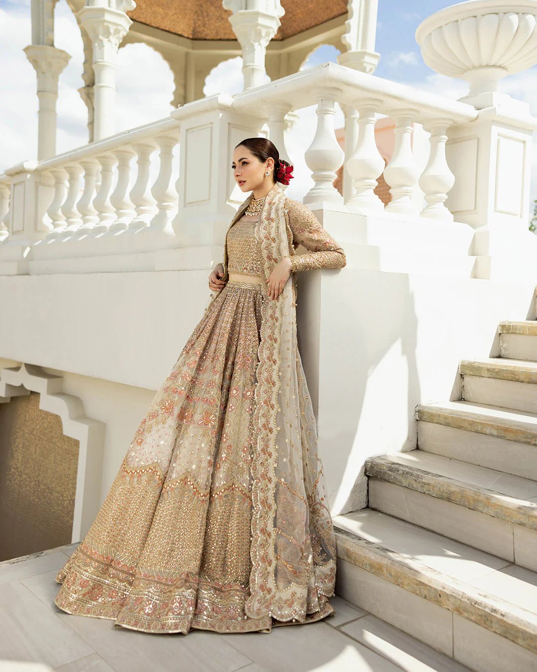 Model wearing Jemina from Faiza Saqlain's Neorah Wedding Festive '24 in stunning shades. Pakistani wedding clothes online in UK at Signature Labels