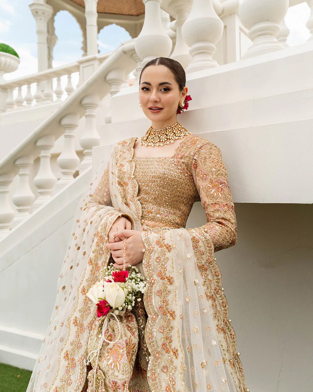 Model wearing Jemina from Faiza Saqlain's Neorah Wedding Festive '24 in stunning shades. Pakistani wedding clothes online in UK at Signature Labels