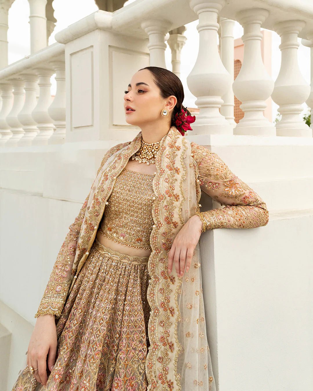 Model wearing Jemina from Faiza Saqlain's Neorah Wedding Festive '24 in stunning shades. Pakistani wedding clothes online in UK at Signature Labels