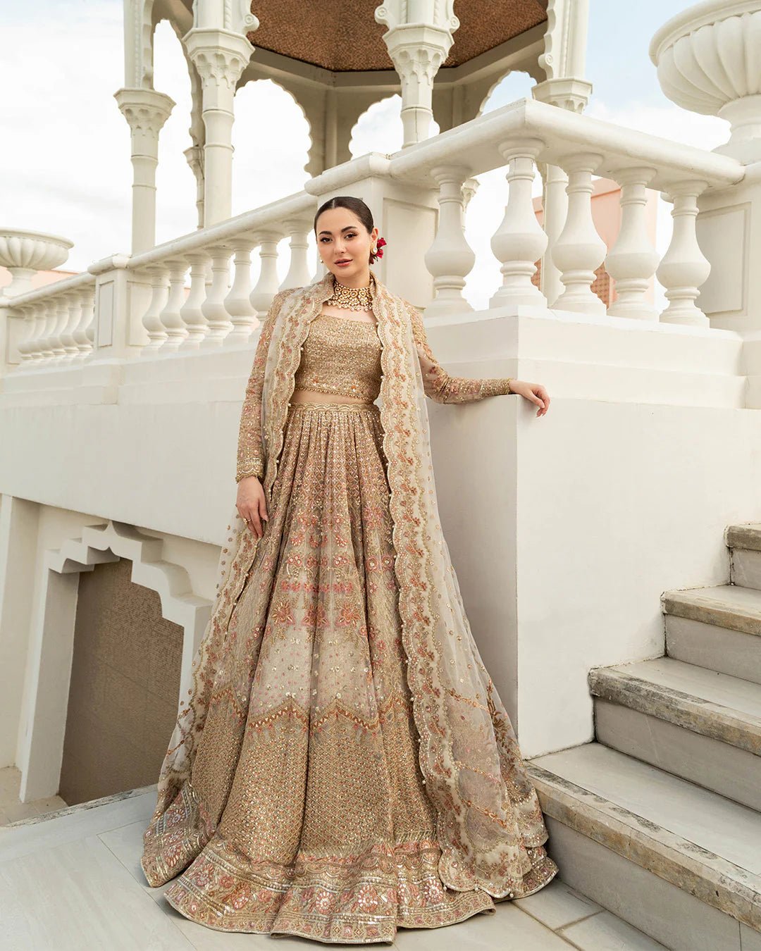 Model wearing Jemina from Faiza Saqlain's Neorah Wedding Festive '24 in stunning shades. Pakistani wedding clothes online in UK at Signature Labels