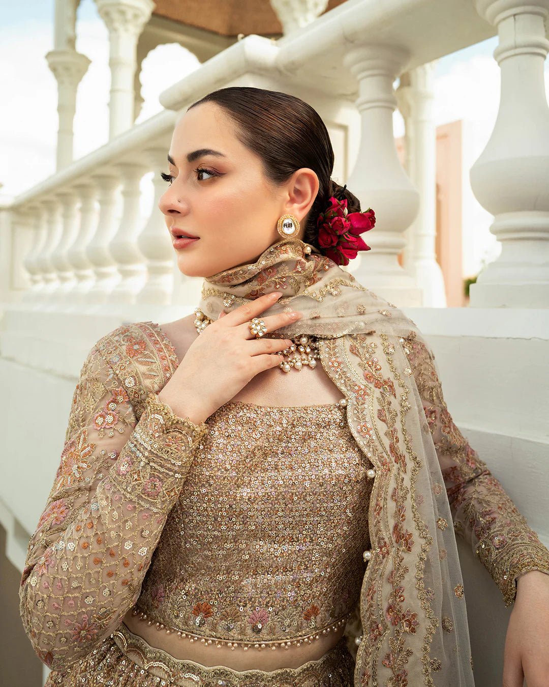 Model wearing Jemina from Faiza Saqlain's Neorah Wedding Festive '24 in stunning shades. Pakistani wedding clothes online in UK at Signature Labels