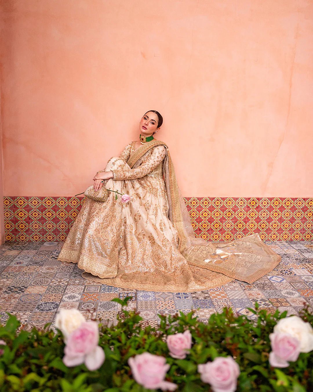 Model wearing Jenaya from Faiza Saqlain's Neorah Wedding Festive '24 in vibrant colors. Pakistani wedding clothes online in UK at Signature Labels