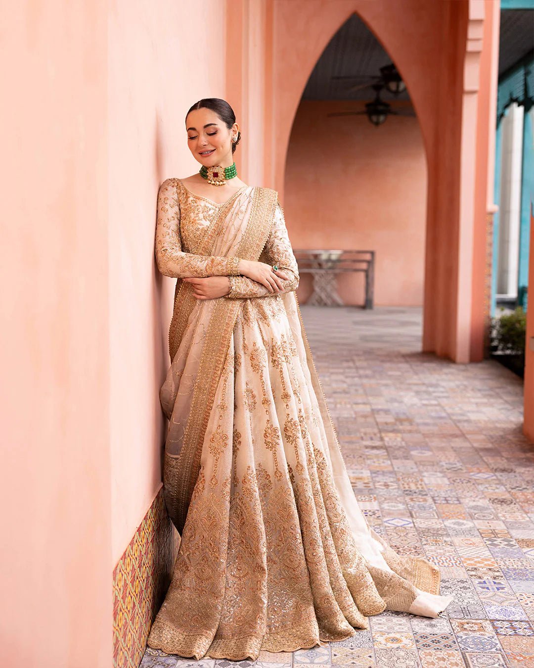 Model wearing Jenaya from Faiza Saqlain's Neorah Wedding Festive '24 in vibrant colors. Pakistani wedding clothes online in UK at Signature Labels