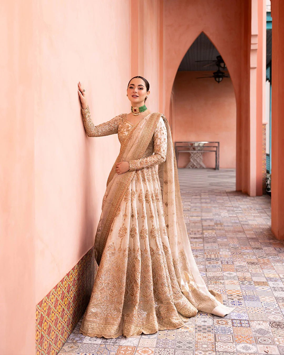 Model wearing Jenaya from Faiza Saqlain's Neorah Wedding Festive '24 in vibrant colors. Pakistani wedding clothes online in UK at Signature Labels