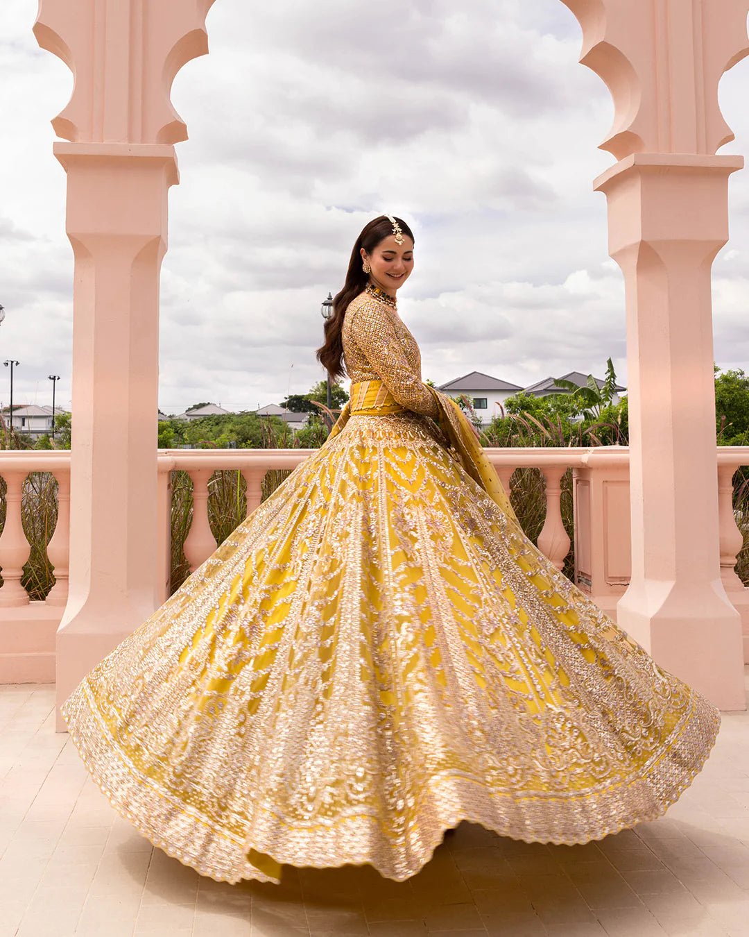 Model wearing Melita from Faiza Saqlain's Neorah Wedding Festive '24 in elegant tones. Pakistani wedding clothes online in UK at Signature Labels