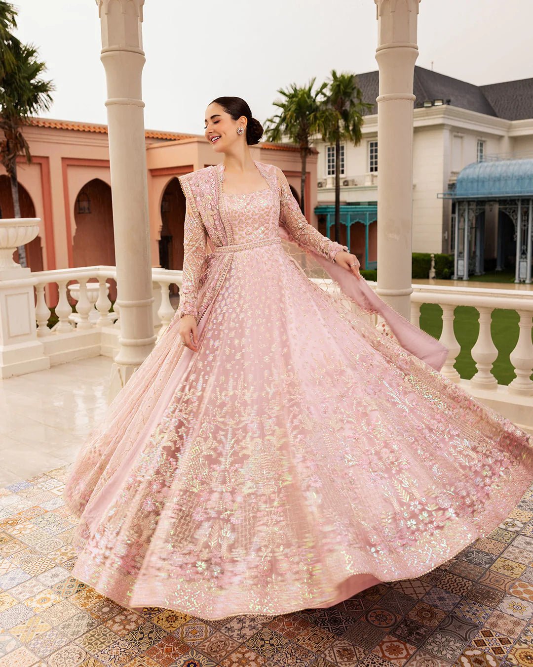 Model wearing Ruzova from Faiza Saqlain's Neorah Wedding Festive '24 in beautiful hues. Pakistani wedding clothes online in UK at Signature Labels