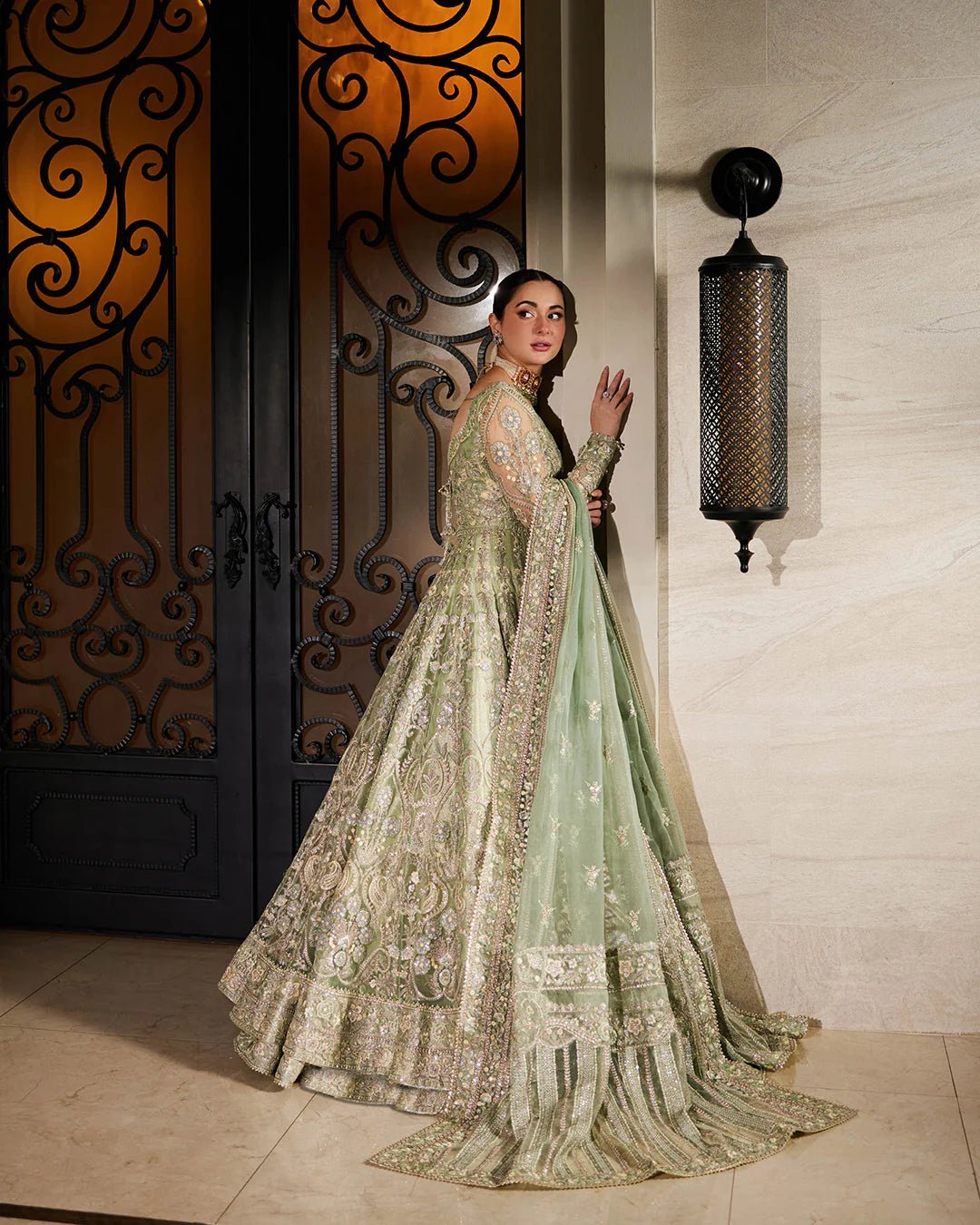 Model wearing Syene from Faiza Saqlain's Neorah Wedding Festive '24 in elegant hues. Pakistani wedding clothes online in UK at Signature Labels