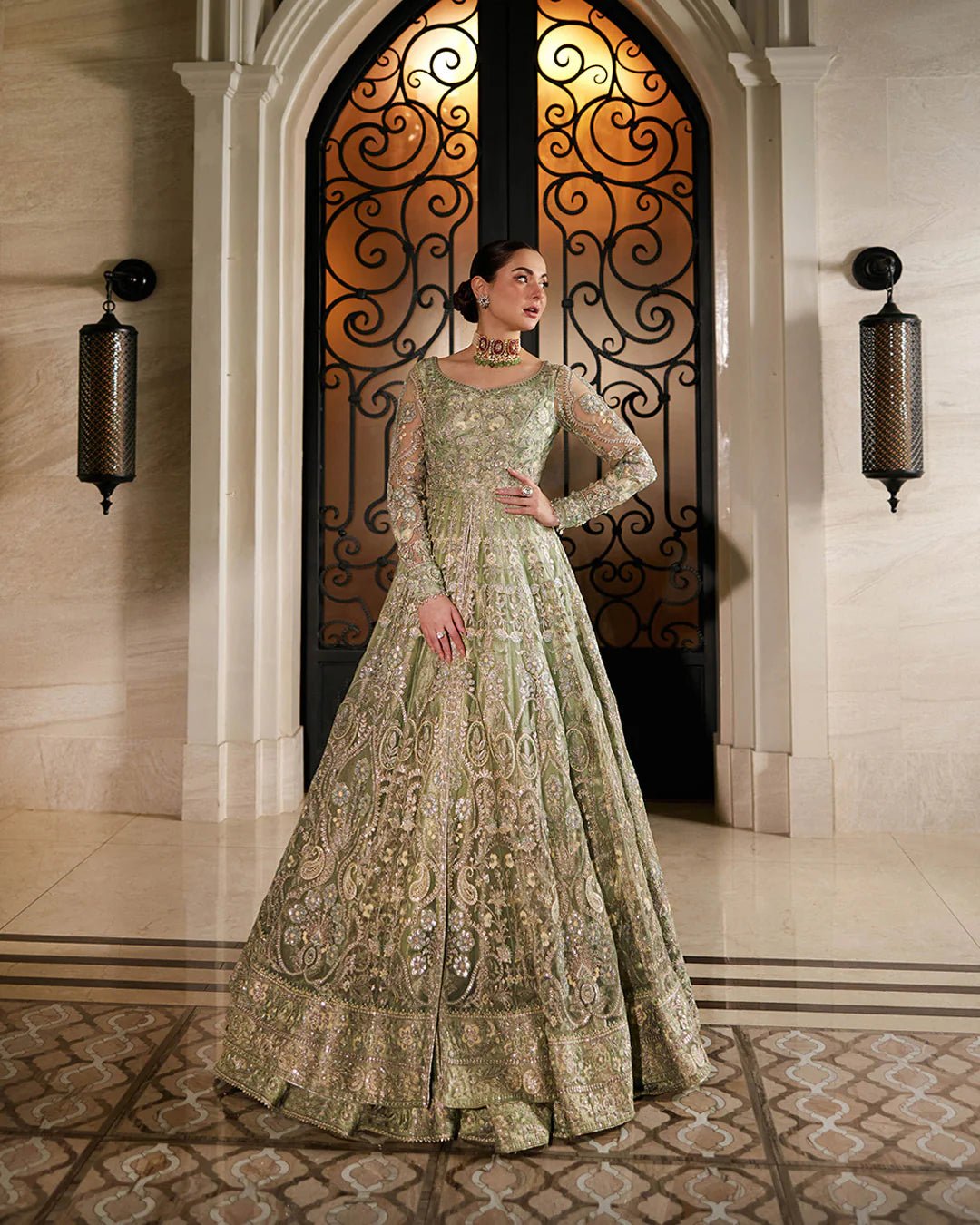 Model wearing Syene from Faiza Saqlain's Neorah Wedding Festive '24 in elegant hues. Pakistani wedding clothes online in UK at Signature Labels