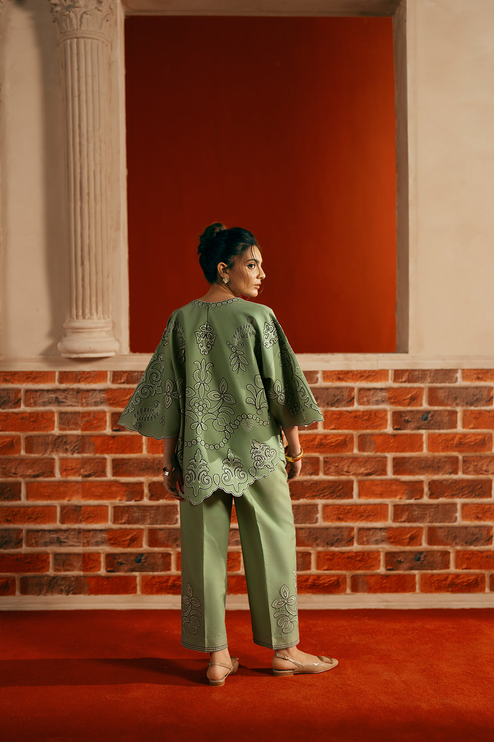 Model wearing apple green embroidered outfit from Saira Rizwan Joolie | JOOLIE GREEN - JBP25-10, Pakistani luxury pret online in UK.