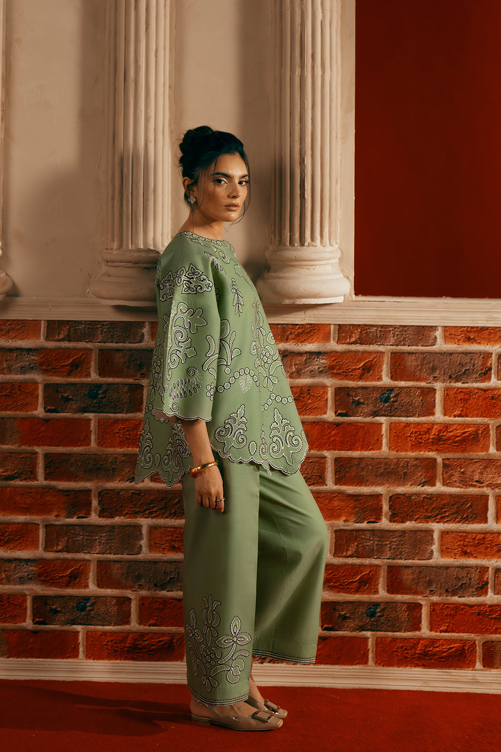 Model wearing apple green embroidered outfit from Saira Rizwan Joolie | JOOLIE GREEN - JBP25-10, Pakistani luxury pret online in UK.