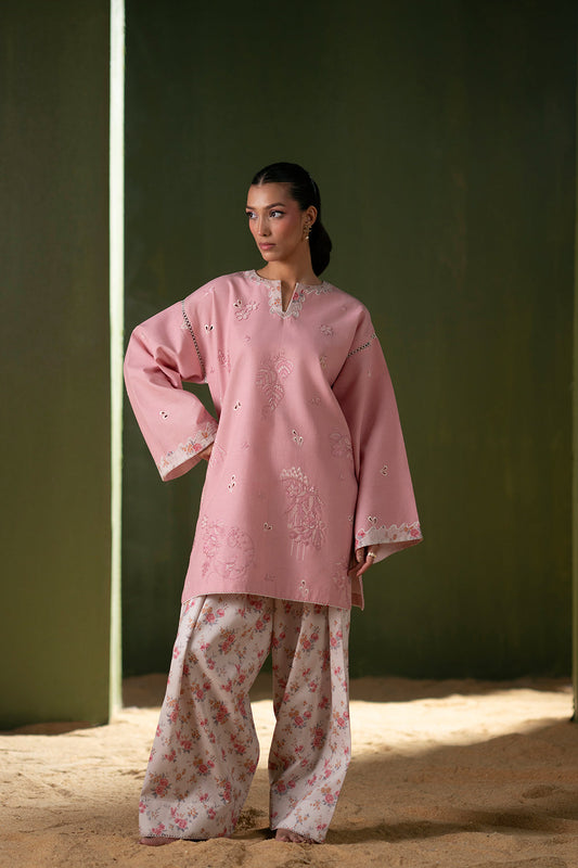 Model wearing pastel pink embroidered outfit from Saira Rizwan Joolie | JOOLIE PINK - JBP25-08, Pakistani luxury pret available online in UK.