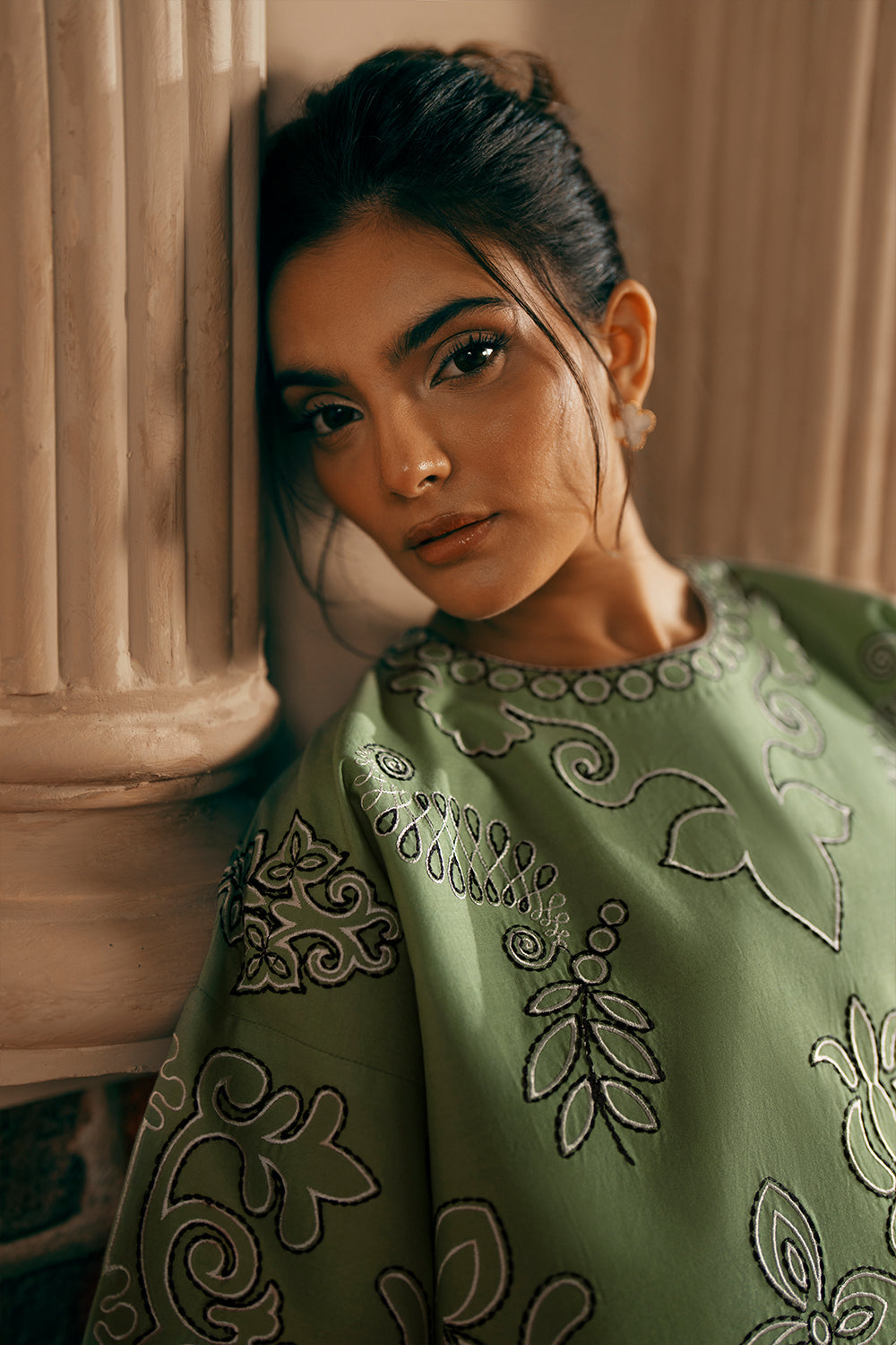 Model wearing apple green embroidered outfit from Saira Rizwan Joolie | JOOLIE GREEN - JBP25-10, Pakistani luxury pret online in UK.