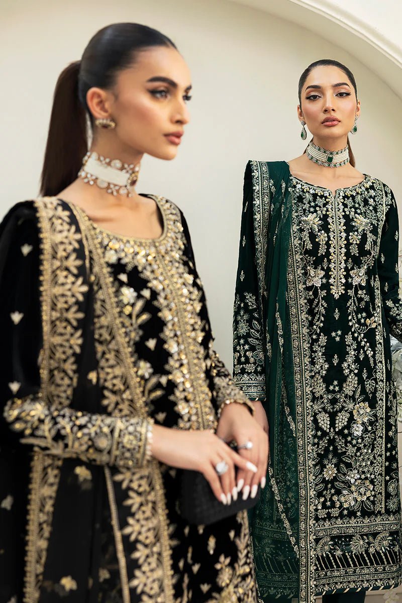 Model wearing Eden from Gulaal's Celeste Unstitched Velvet '24 collection in deep green. Luxury pret, festive, Pakistani clothes online in UK.