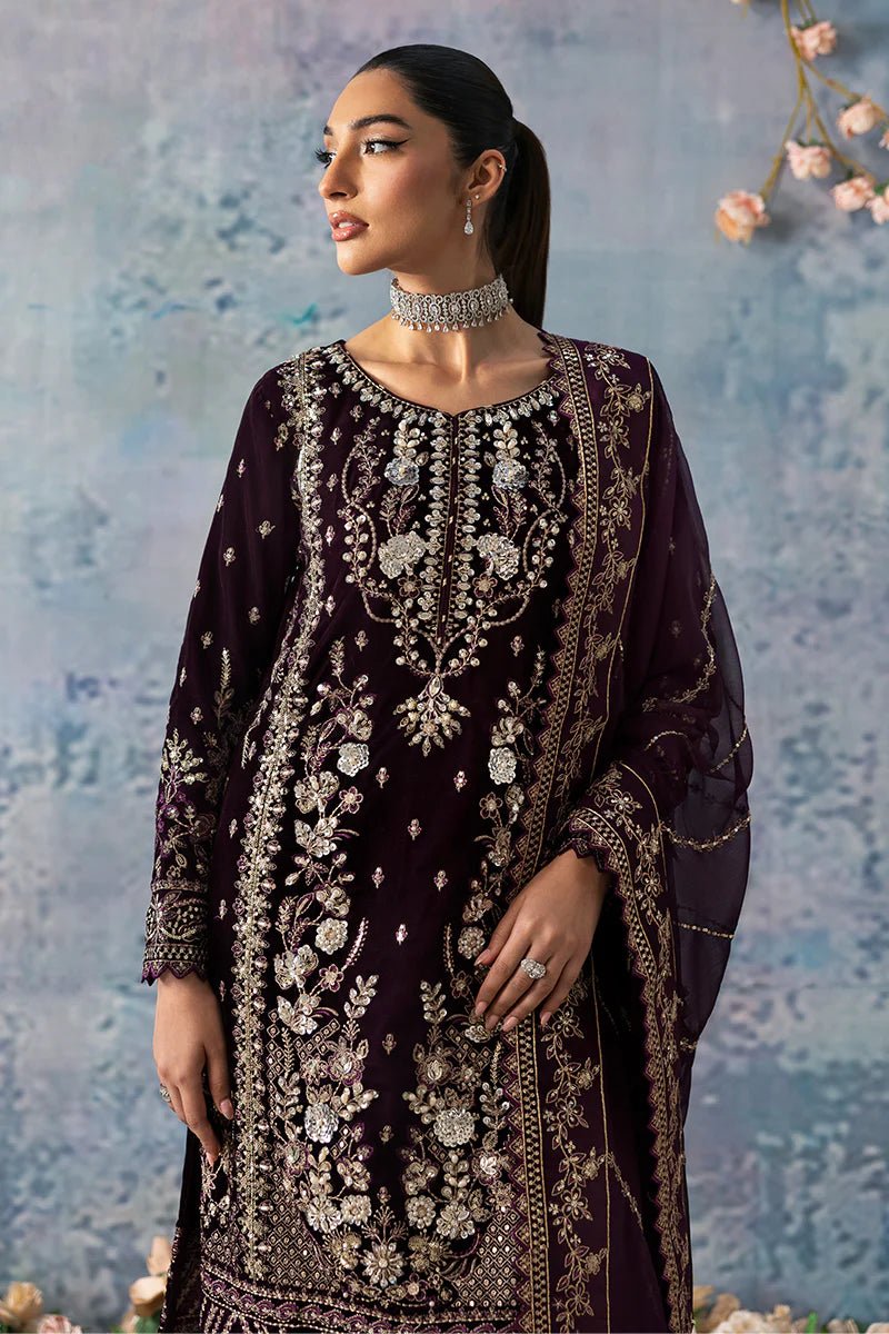 Model wearing Sangria from Gulaal's Celeste Unstitched Velvet '24 collection in deep maroon. Luxury pret, festive, Pakistani clothes online in UK.