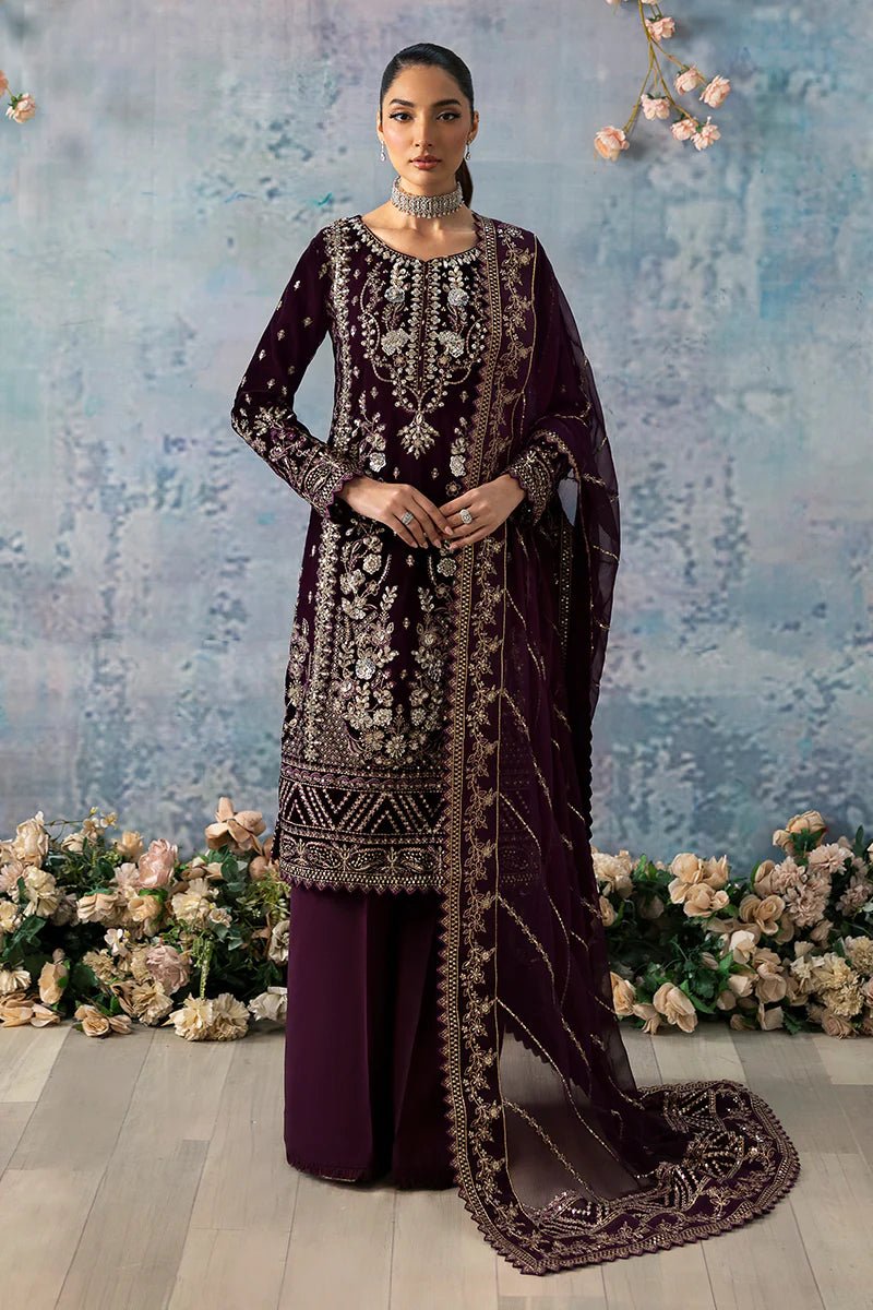 Model wearing Sangria from Gulaal's Celeste Unstitched Velvet '24 collection in deep maroon. Luxury pret, festive, Pakistani clothes online in UK.