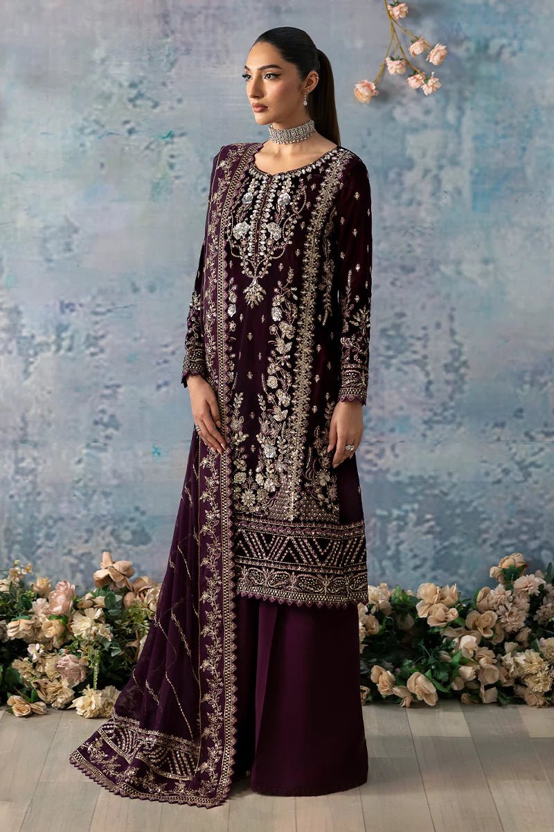 Model wearing Sangria from Gulaal's Celeste Unstitched Velvet '24 collection in deep maroon. Luxury pret, festive, Pakistani clothes online in UK.