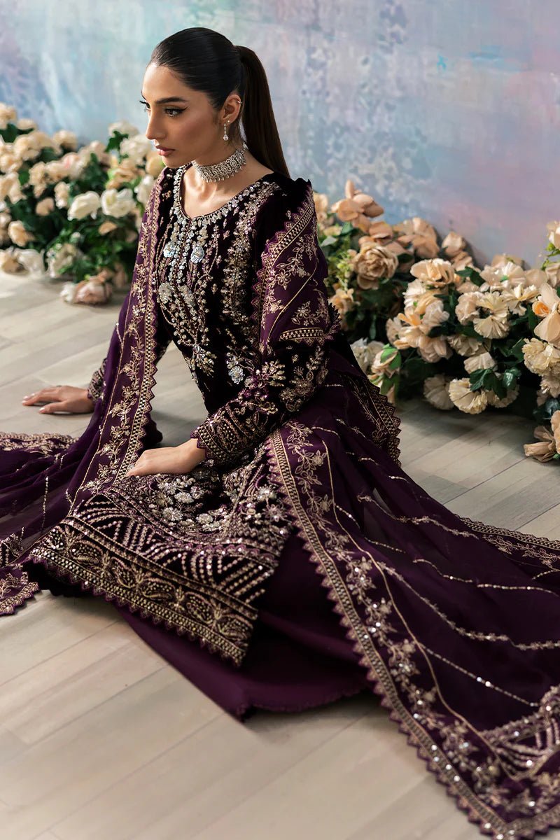 Model wearing Sangria from Gulaal's Celeste Unstitched Velvet '24 collection in deep maroon. Luxury pret, festive, Pakistani clothes online in UK.