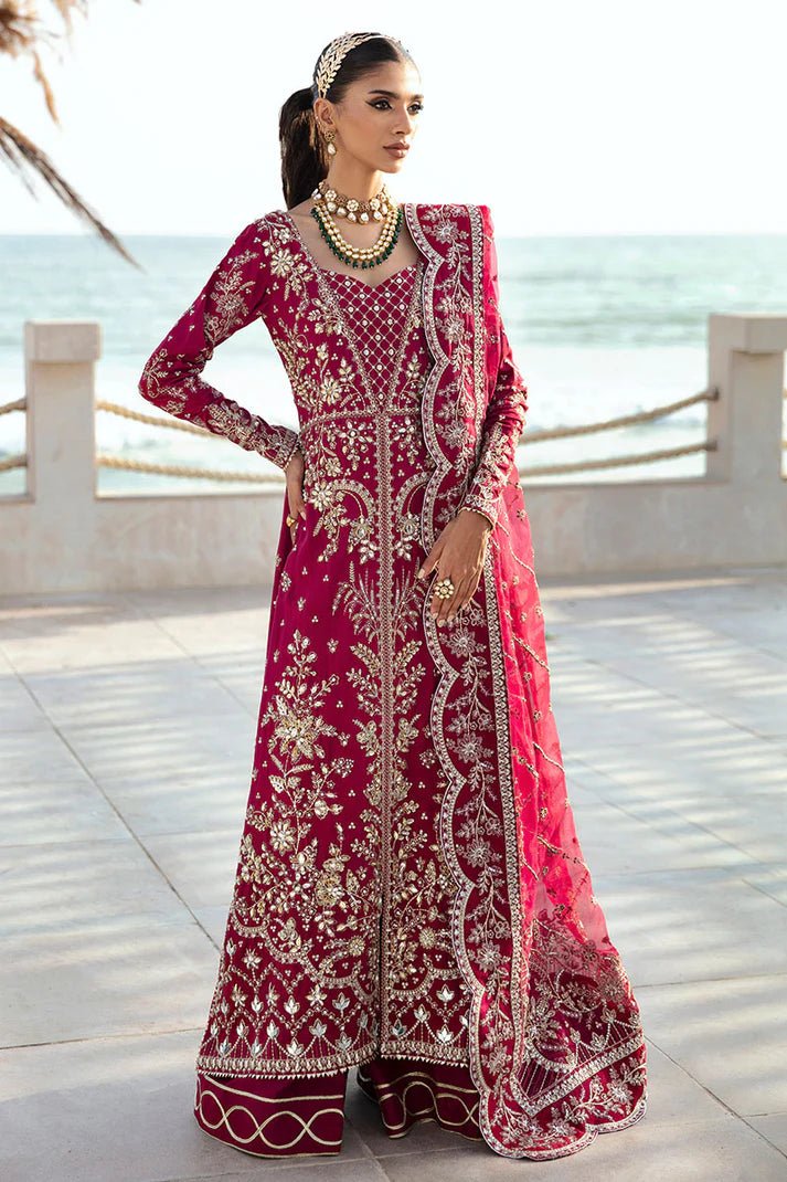 Model wearing Gulaal Celia - GL - LP - 24V2 - 30 dress in deep red from Emalyn Luxury Formals, ideal for weddings and Pakistani clothes online in the UK.