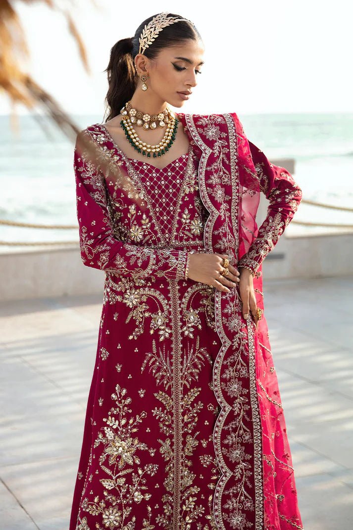 Model wearing Gulaal Celia - GL - LP - 24V2 - 30 dress in deep red from Emalyn Luxury Formals, ideal for weddings and Pakistani clothes online in the UK.