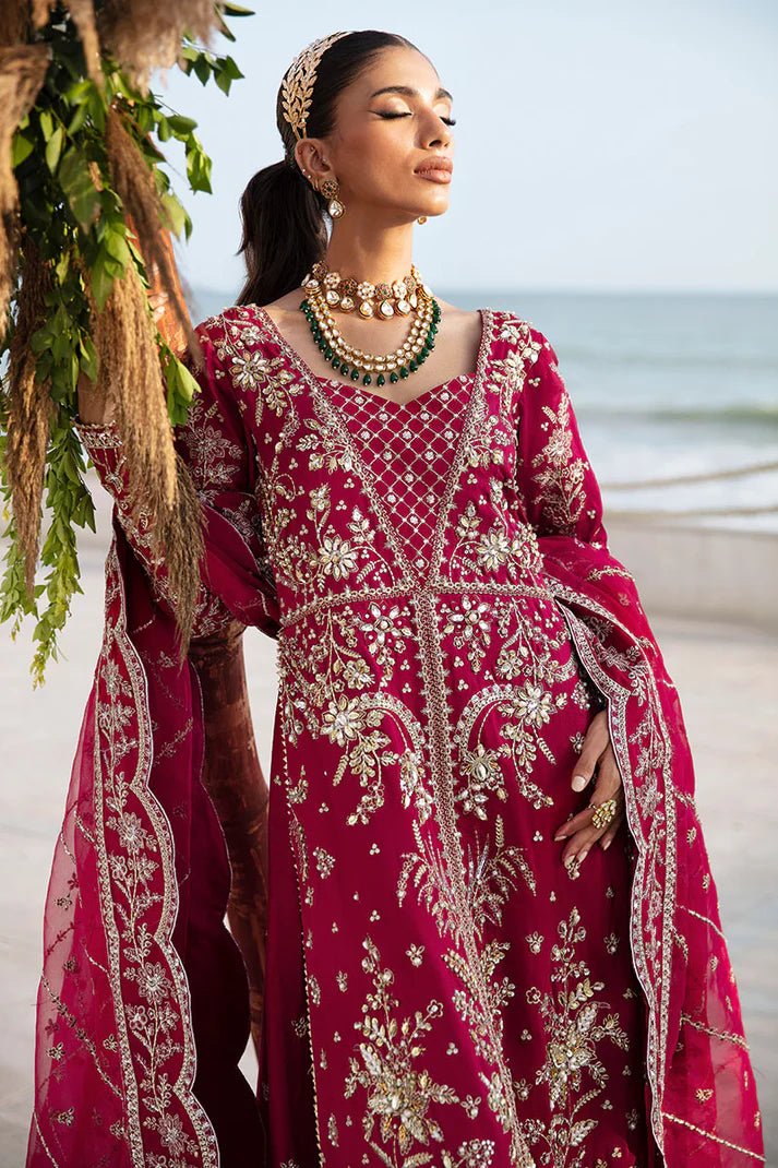 Model wearing Gulaal Celia - GL - LP - 24V2 - 30 dress in deep red from Emalyn Luxury Formals, ideal for weddings and Pakistani clothes online in the UK.