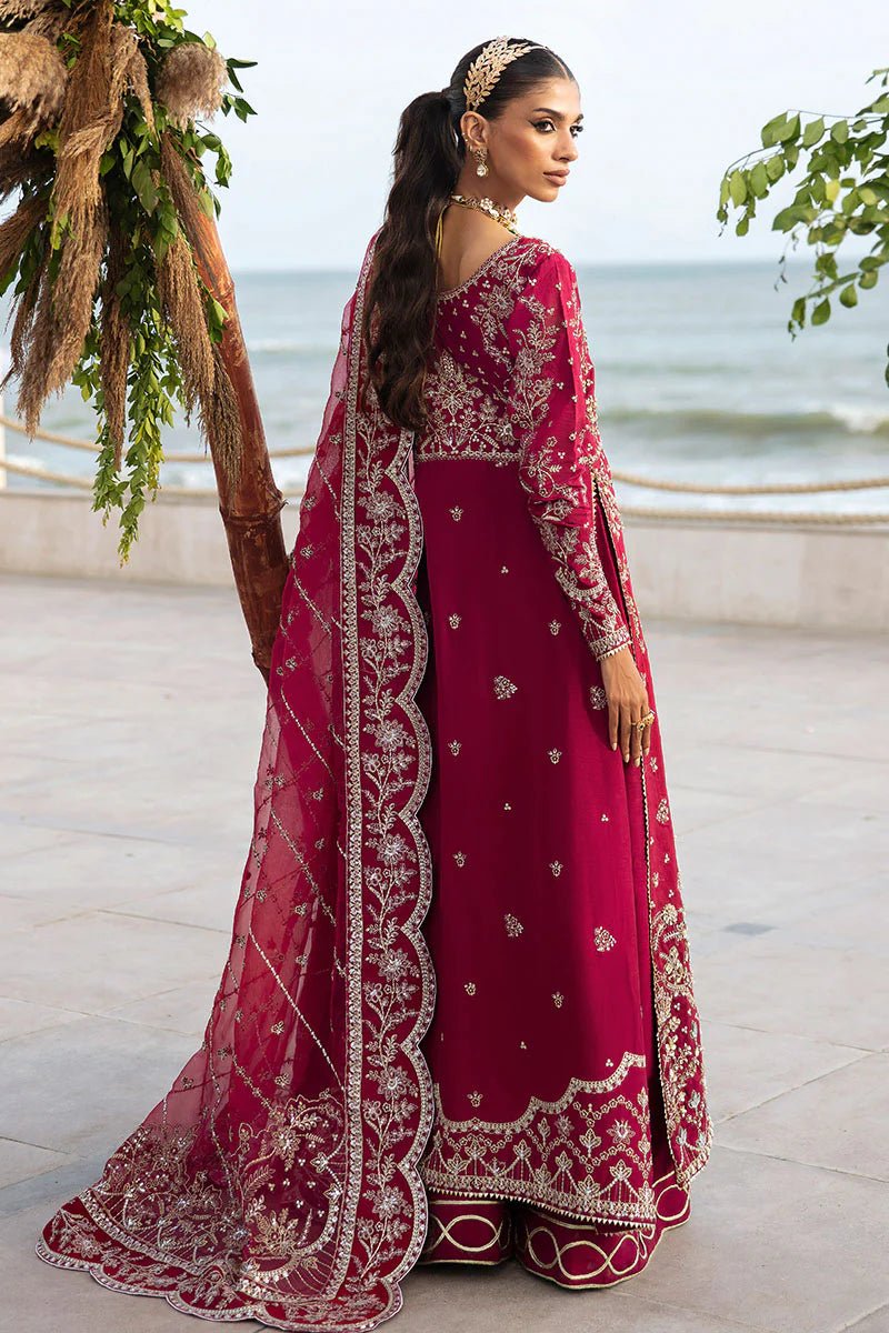 Model wearing Gulaal Celia - GL - LP - 24V2 - 30 dress in deep red from Emalyn Luxury Formals, ideal for weddings and Pakistani clothes online in the UK.