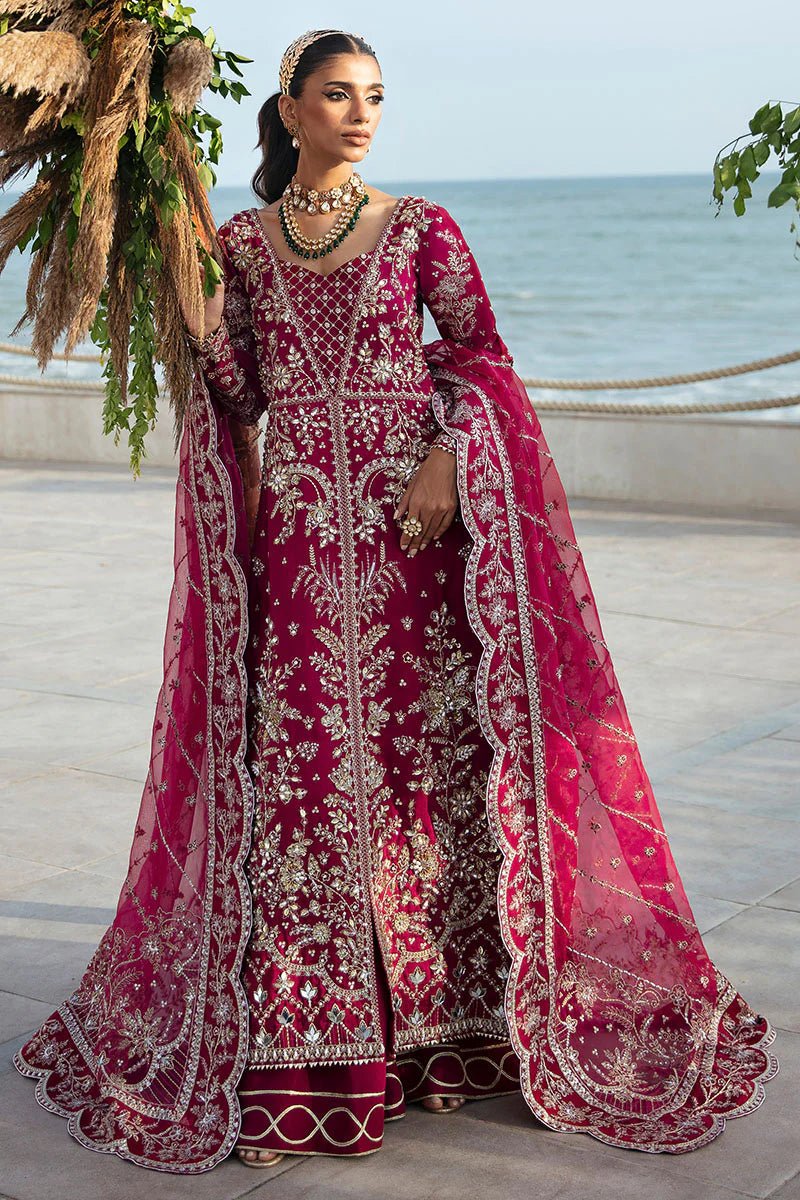 Model wearing Gulaal Celia - GL - LP - 24V2 - 30 dress in deep red from Emalyn Luxury Formals, ideal for weddings and Pakistani clothes online in the UK.