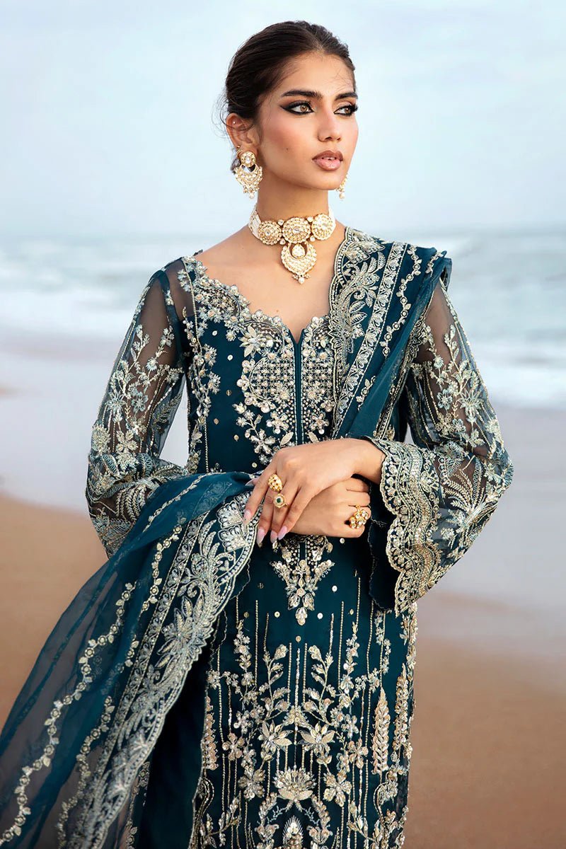 Model wearing Gulaal Ciel-GL-LP-24V2-28 dress in deep teal from Emalyn Luxury Formals, perfect for weddings. Available for Pakistani clothes online in the UK.