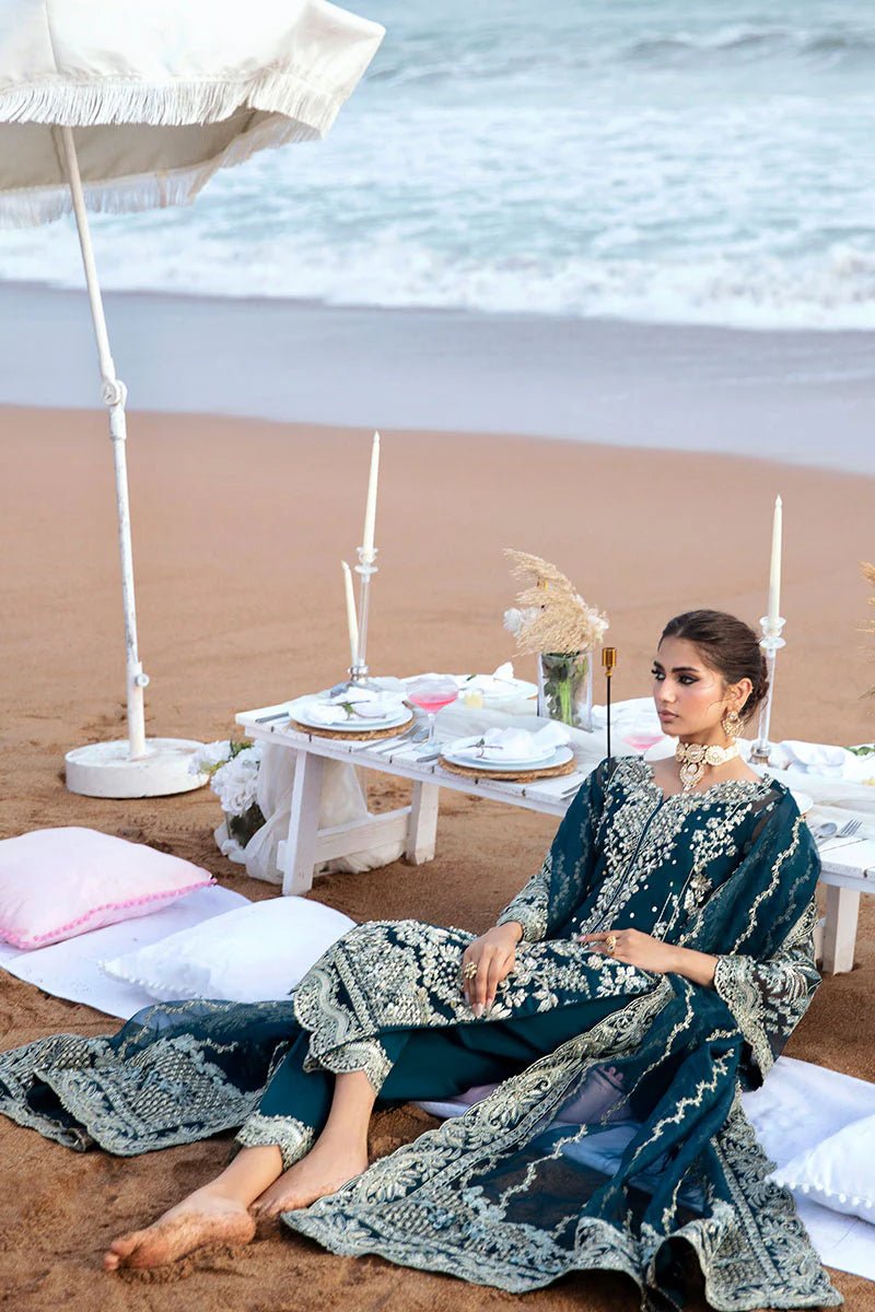 Model wearing Gulaal Ciel-GL-LP-24V2-28 dress in deep teal from Emalyn Luxury Formals, perfect for weddings. Available for Pakistani clothes online in the UK.