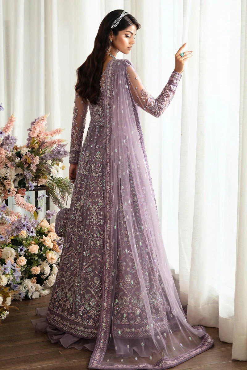 Model wearing Gulaal Zeva - GL - LP - 24V2 - 34 dress in lavender from Emalyn Luxury Formals, perfect for weddings and Pakistani clothes online in the UK.