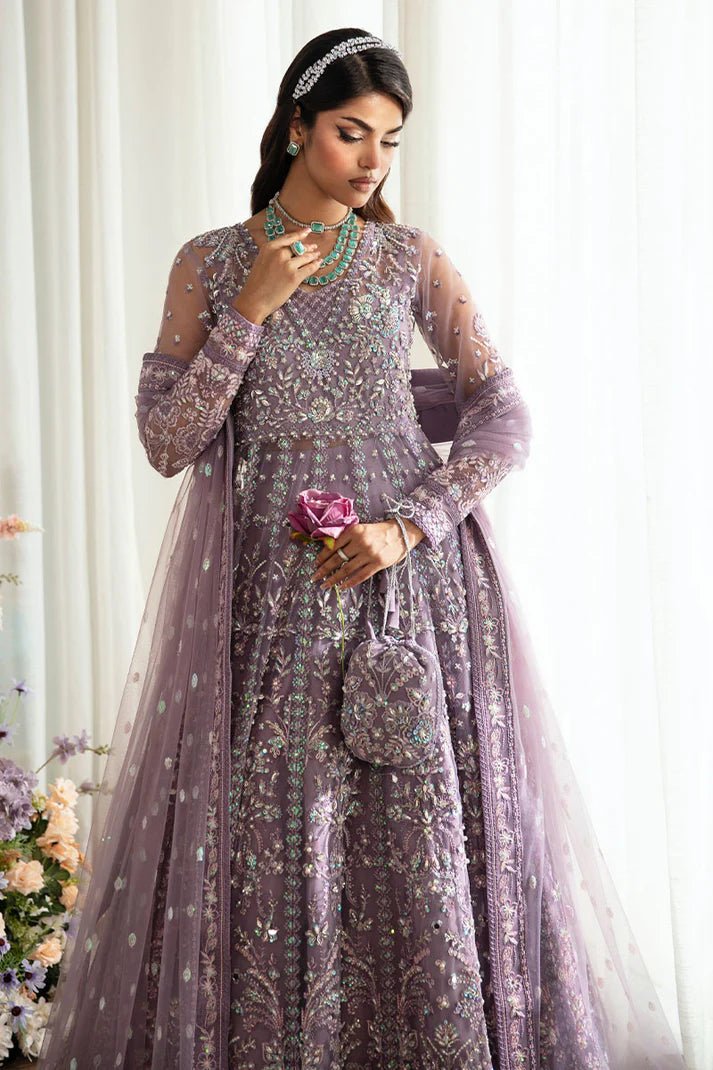 Model wearing Gulaal Zeva - GL - LP - 24V2 - 34 dress in lavender from Emalyn Luxury Formals, perfect for weddings and Pakistani clothes online in the UK.