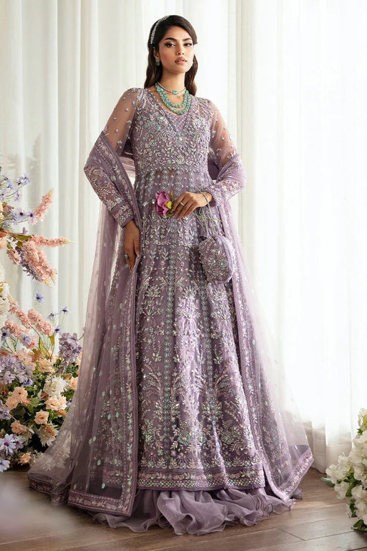 Model wearing Gulaal Zeva - GL - LP - 24V2 - 34 dress in lavender from Emalyn Luxury Formals, perfect for weddings and Pakistani clothes online in the UK.