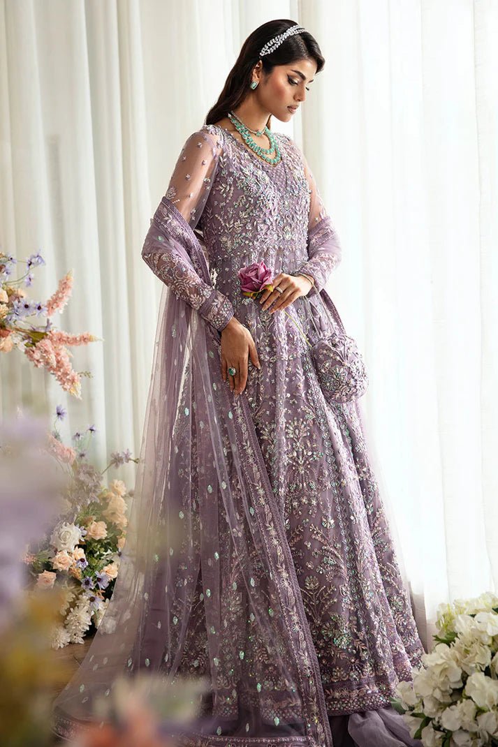 Model wearing Gulaal Zeva - GL - LP - 24V2 - 34 dress in lavender from Emalyn Luxury Formals, perfect for weddings and Pakistani clothes online in the UK.